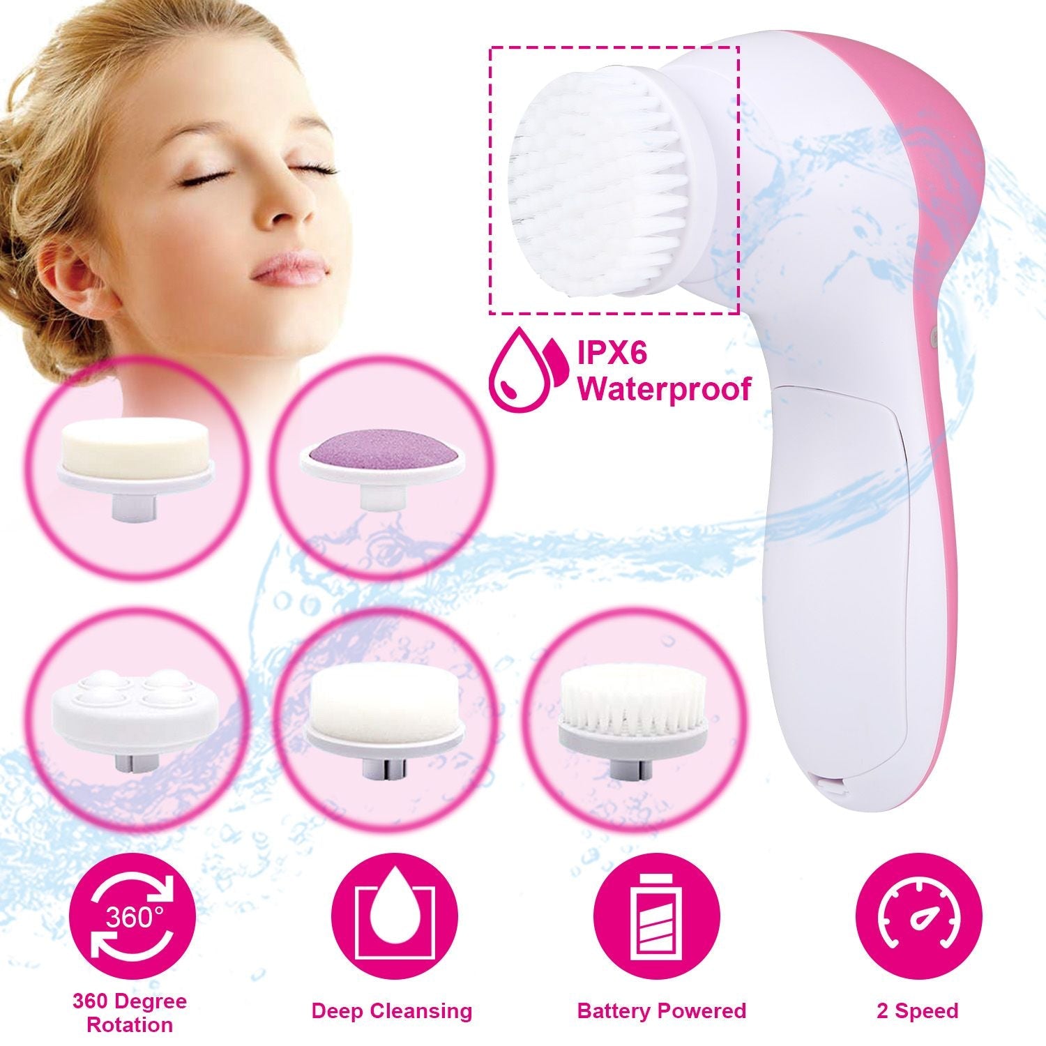Waterproof Facial Cleansing Brush Face Spin Cleaning Brush Scrubber with 5 Brush Heads for Women