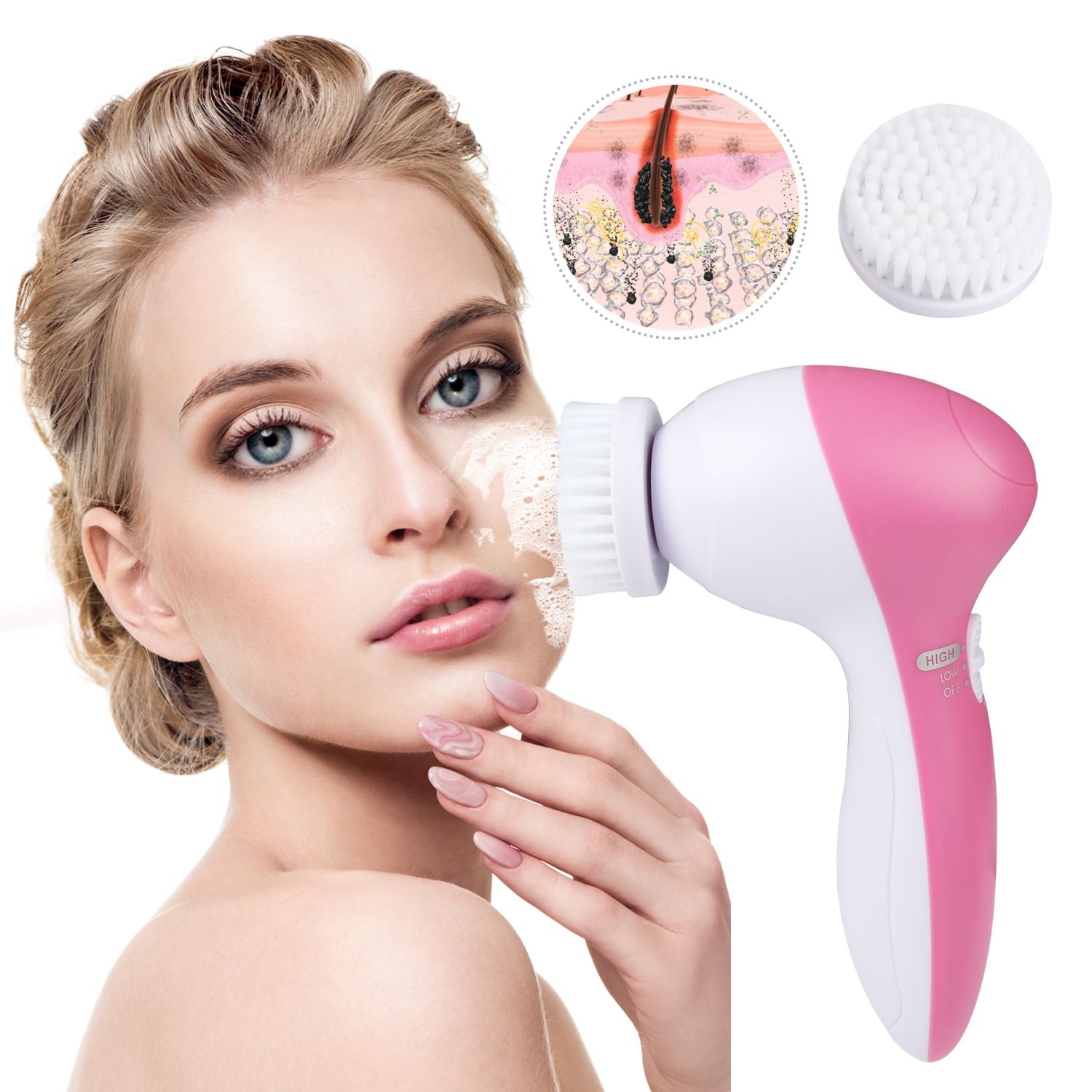 Waterproof Facial Cleansing Brush Face Spin Cleaning Brush Scrubber with 5 Brush Heads for Women