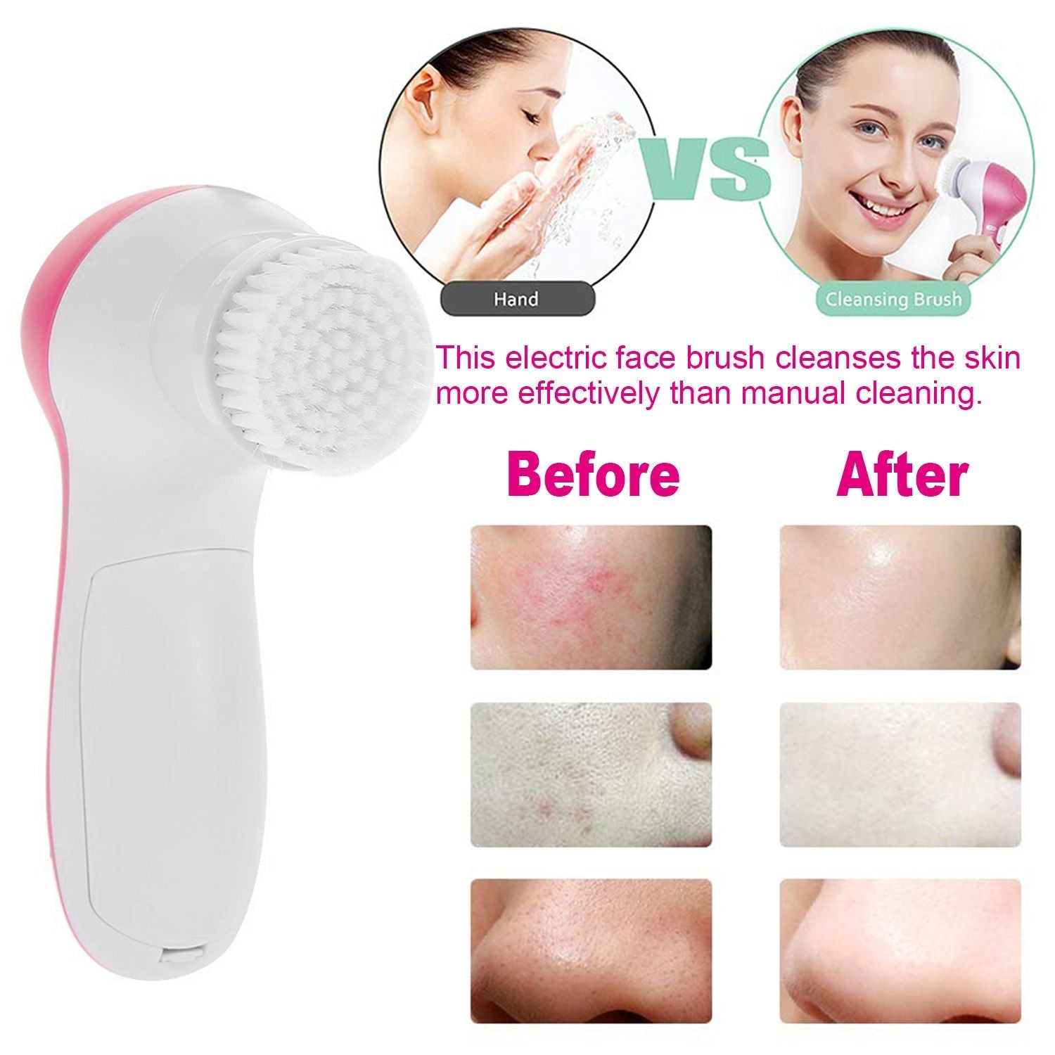 Waterproof Facial Cleansing Brush Face Spin Cleaning Brush Scrubber with 5 Brush Heads for Women